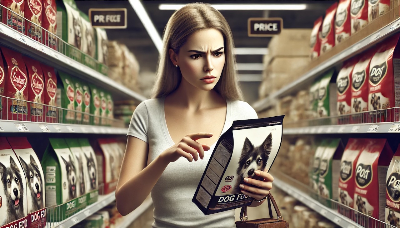 ドッグフードの値段を怪しんでいる女性