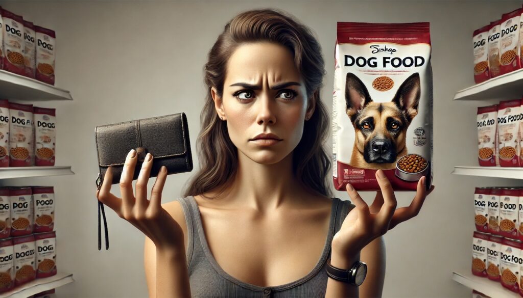 ドッグフードを片手にお財布と悩む女性