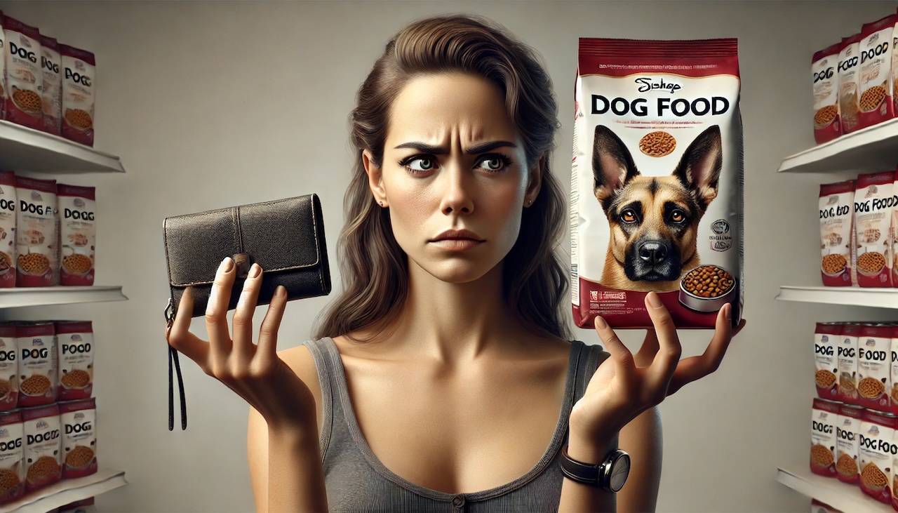 ドッグフードを片手にお財布と悩む女性