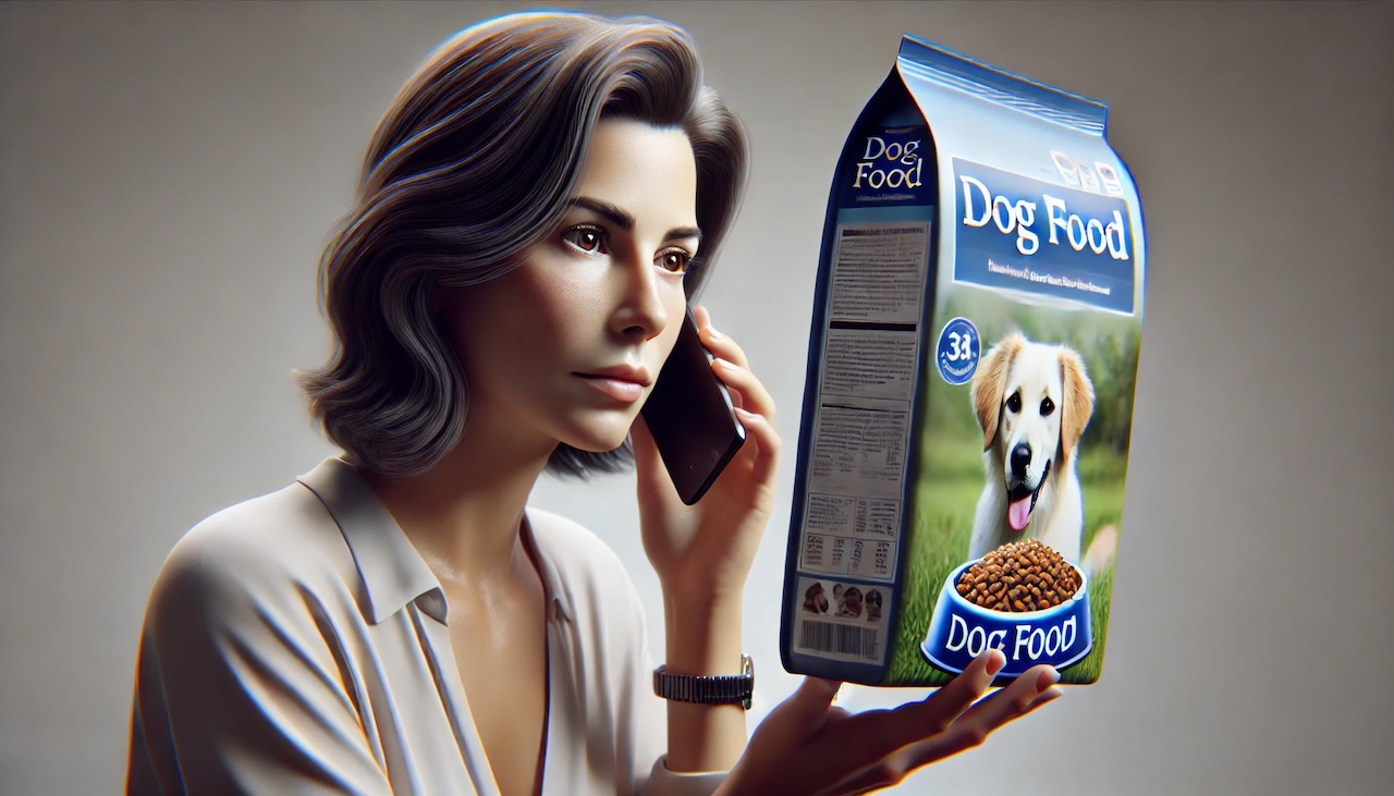 ドッグフードのパッケージを見ながら電話をしている女性